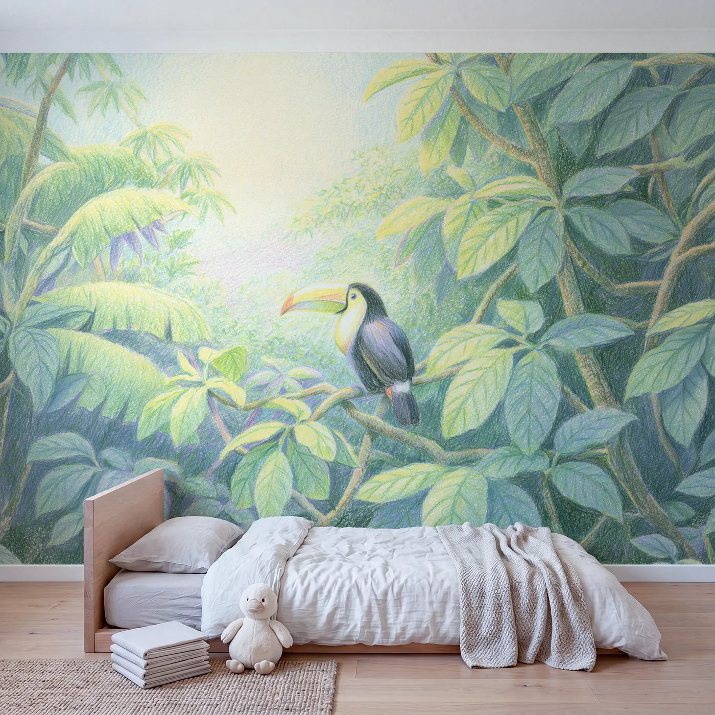 Toucan on a Branch Wallpaper Mural in playroom setting by Whimsy Tots