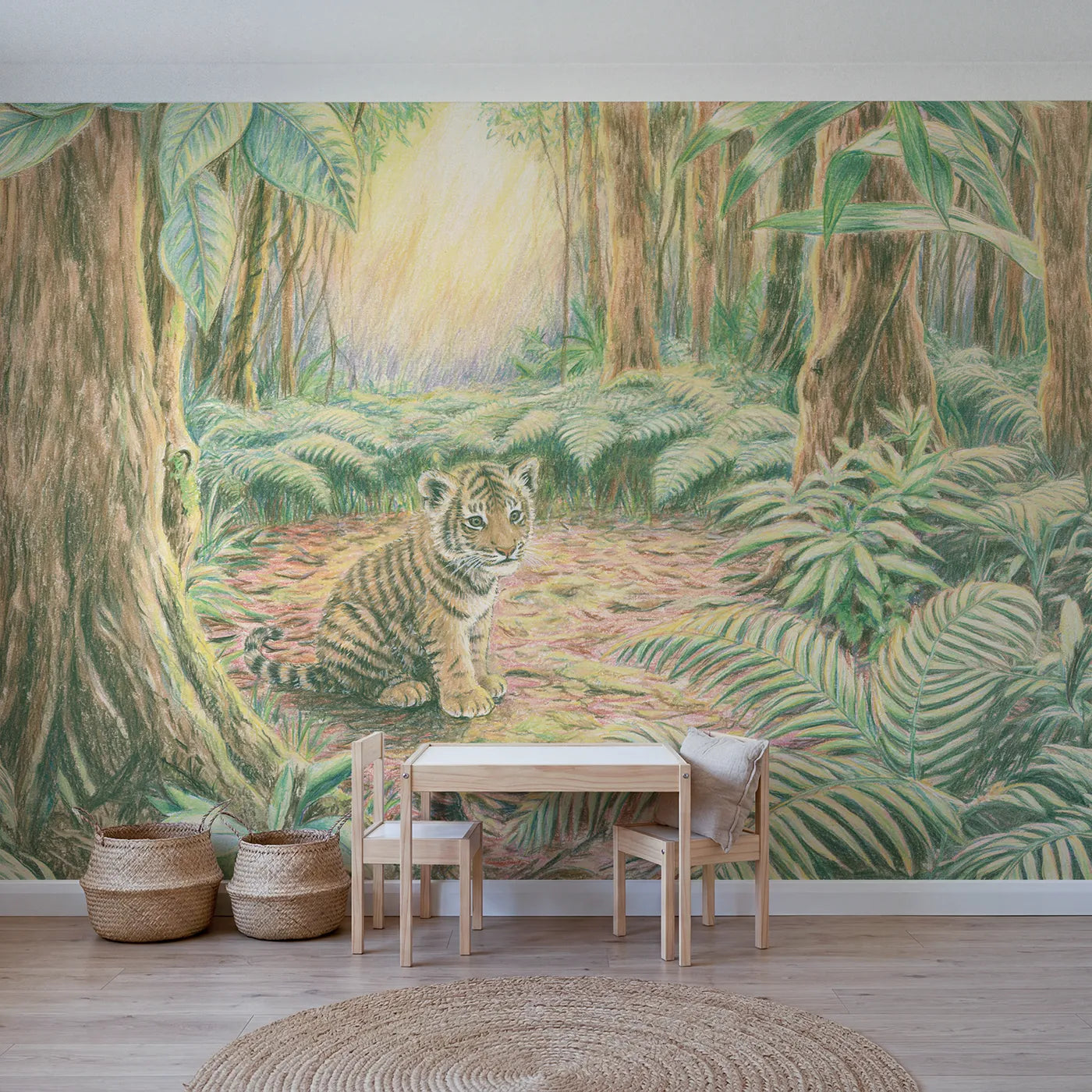 Colored-pencil wall mural of a curious tiger cub by Whimsy Tots