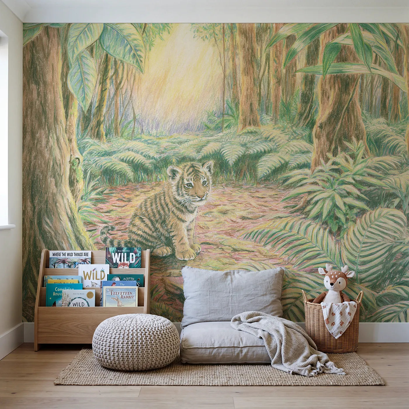 Curious Tiger Cub Wallpaper Mural in playroom setting by Whimsy Tots