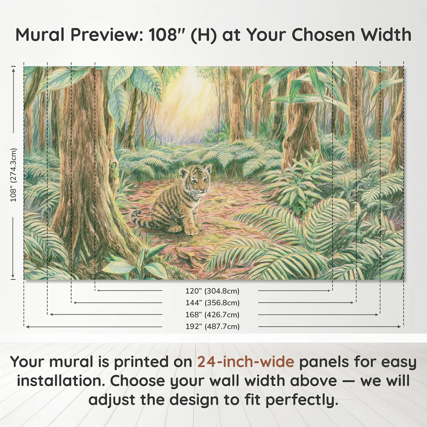 Panel layout and dimensions for Curious Tiger Cub Wallpaper Mural by Whimsy Tots