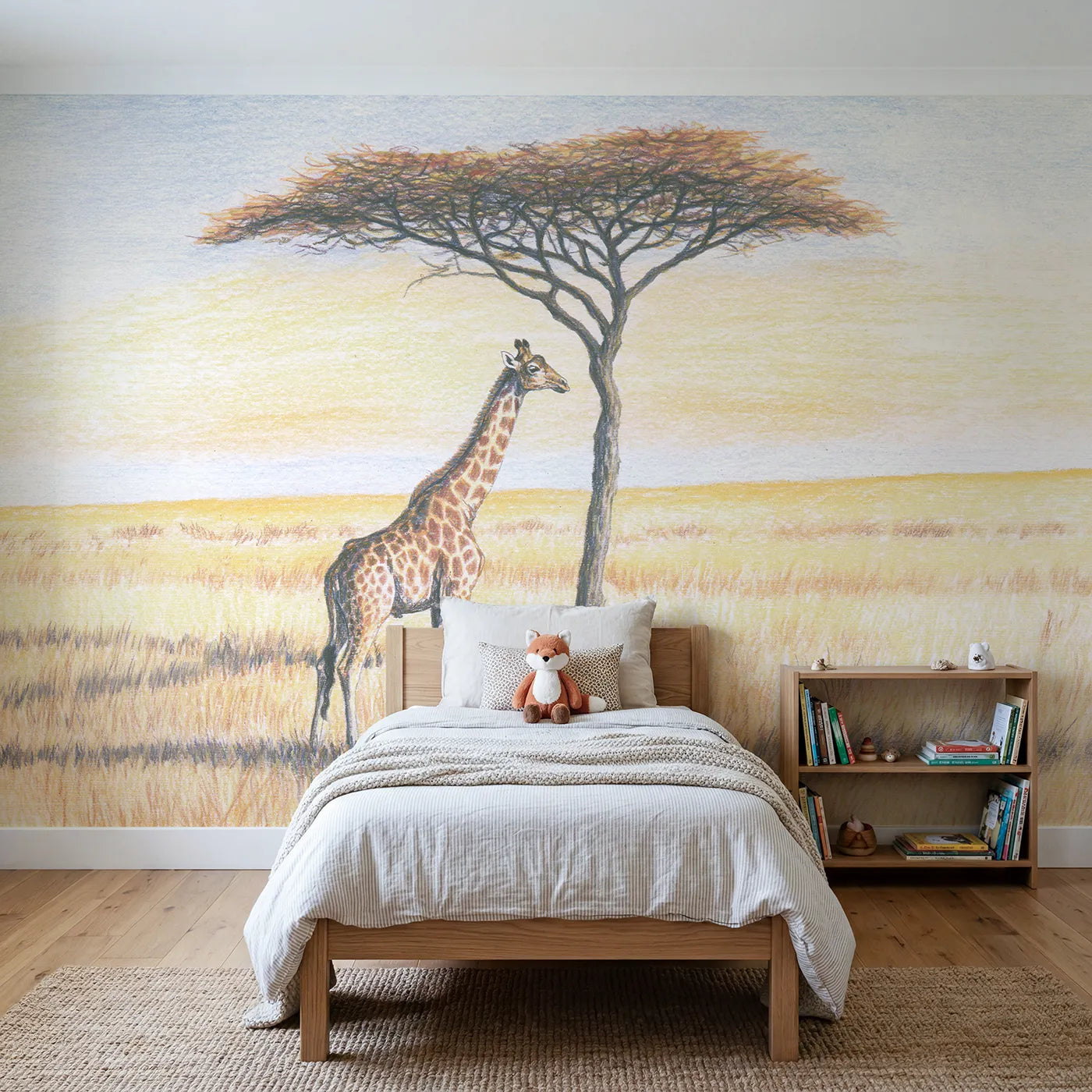 Colored-pencil wall mural of a giraffe and acacia tree by Whimsy Tots