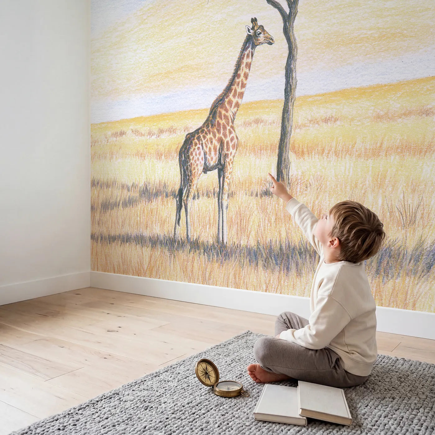 Child in nursery with Tall Giraffe and Acacia Wallpaper Mural by Whimsy Tots