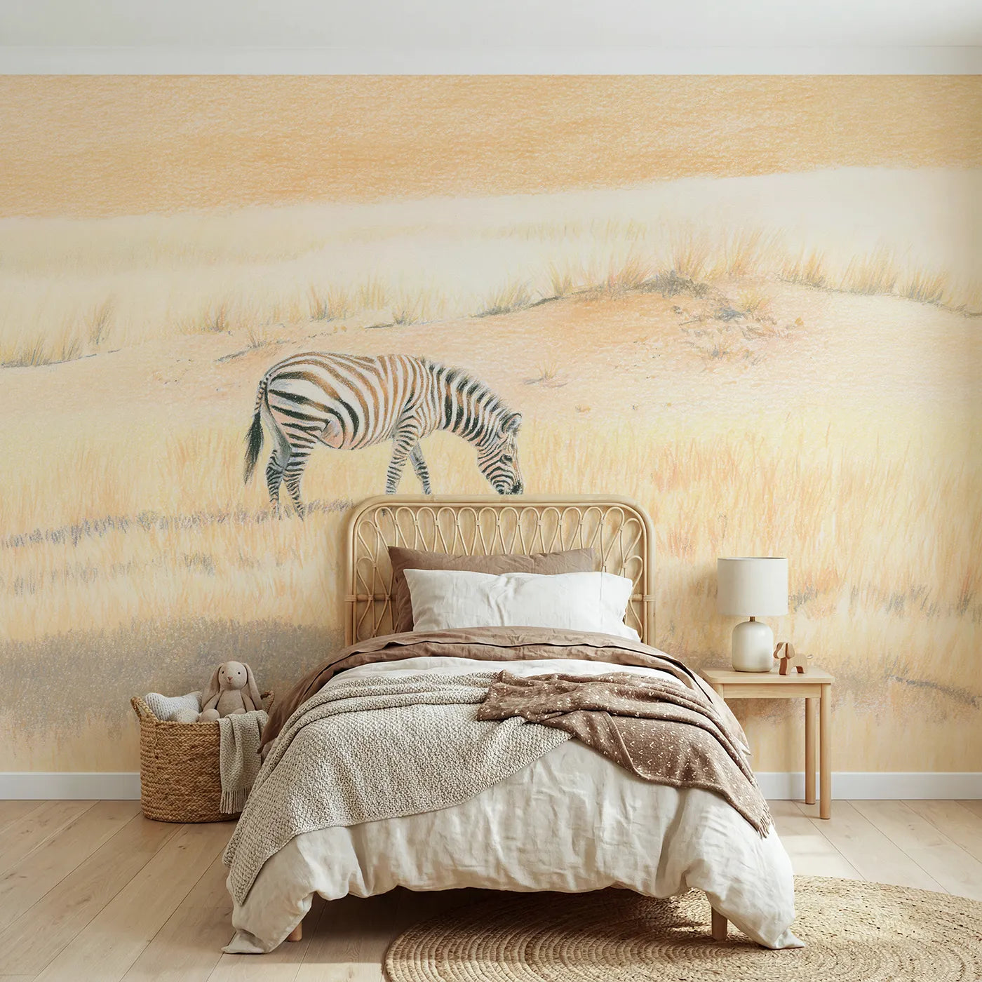 Colored-pencil wall mural of a grazing zebra by Whimsy Tots
