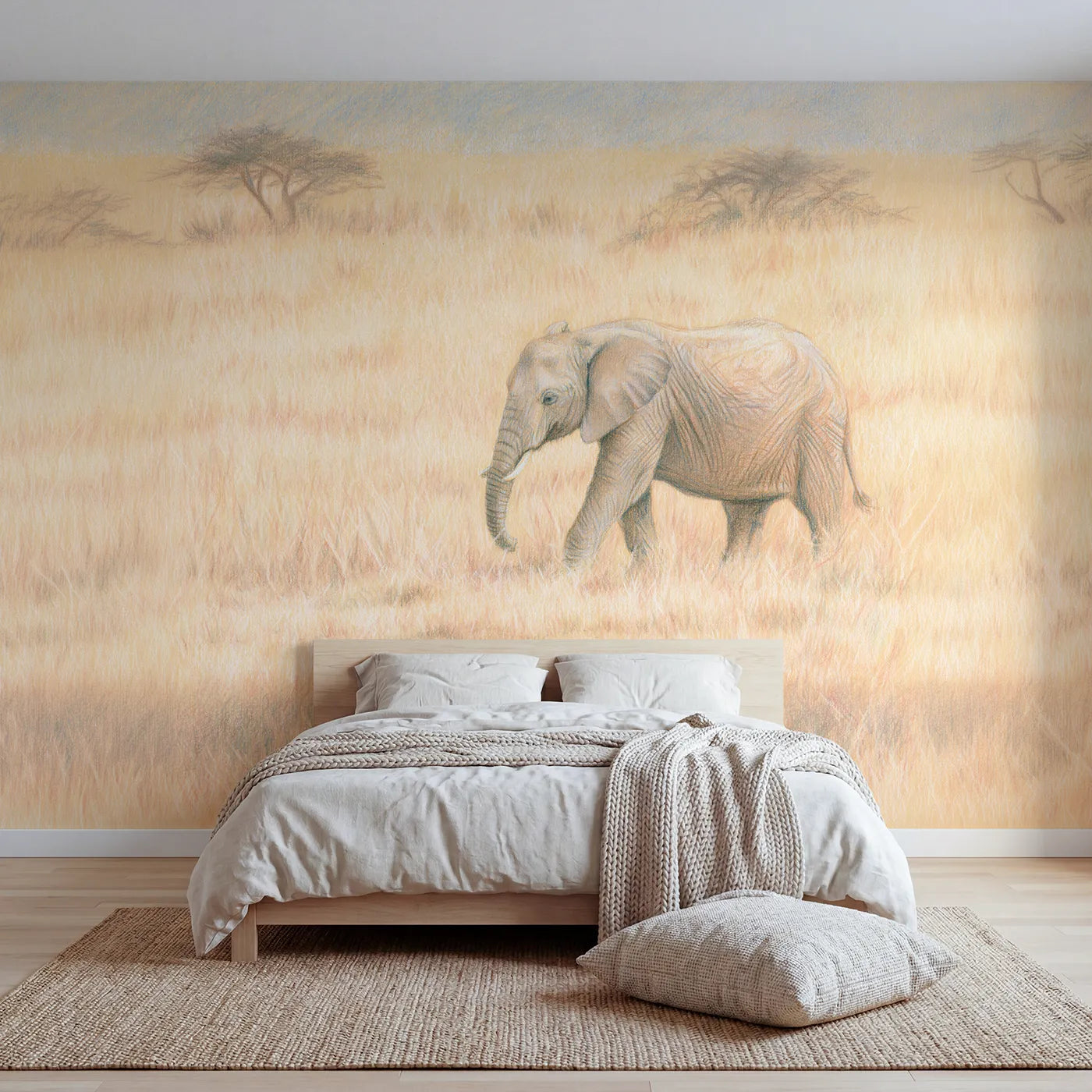 Colored-pencil wall mural of an elephant in soft grass by Whimsy Tots