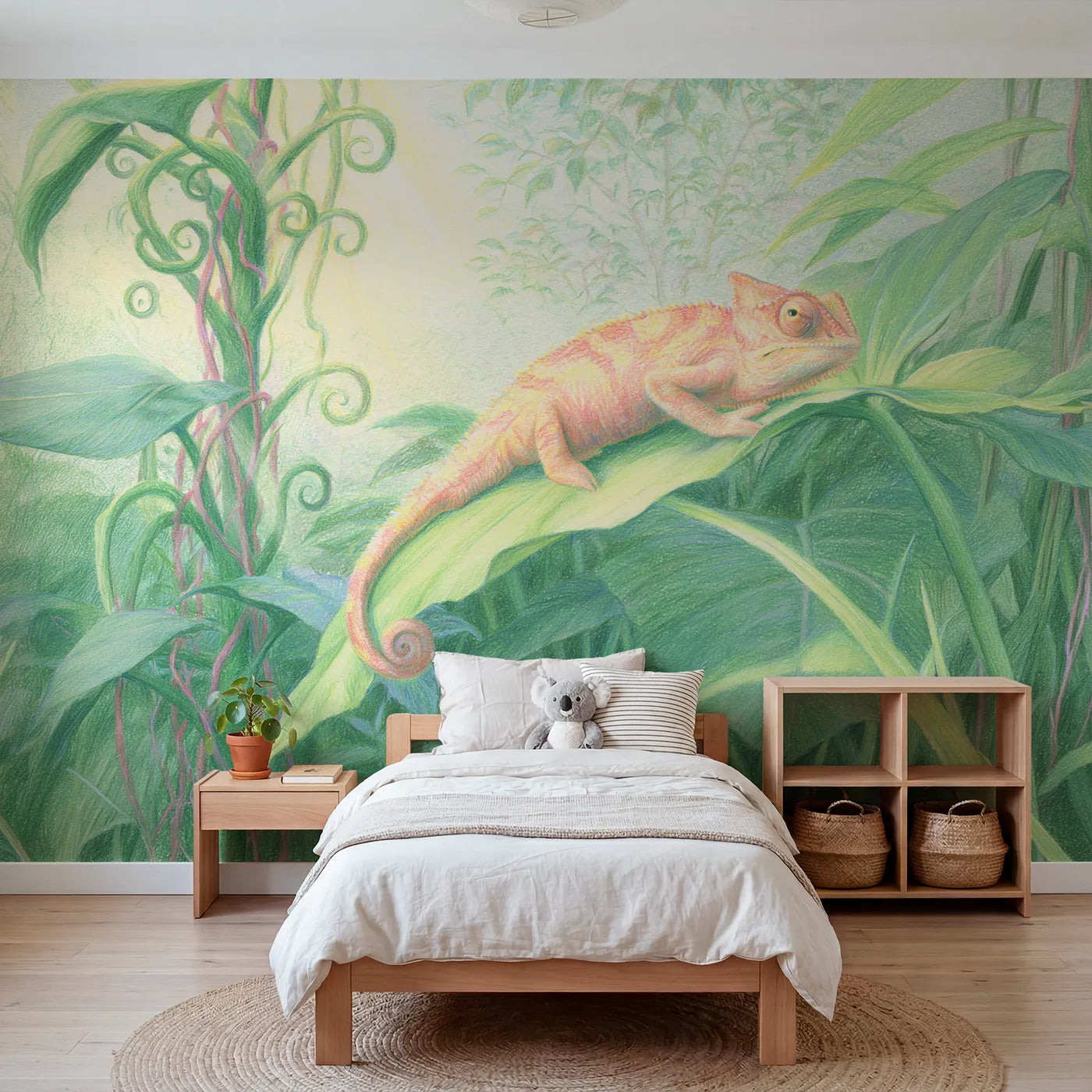 Colored-pencil wall mural of a chameleon on a green leaf by Whimsy Tots