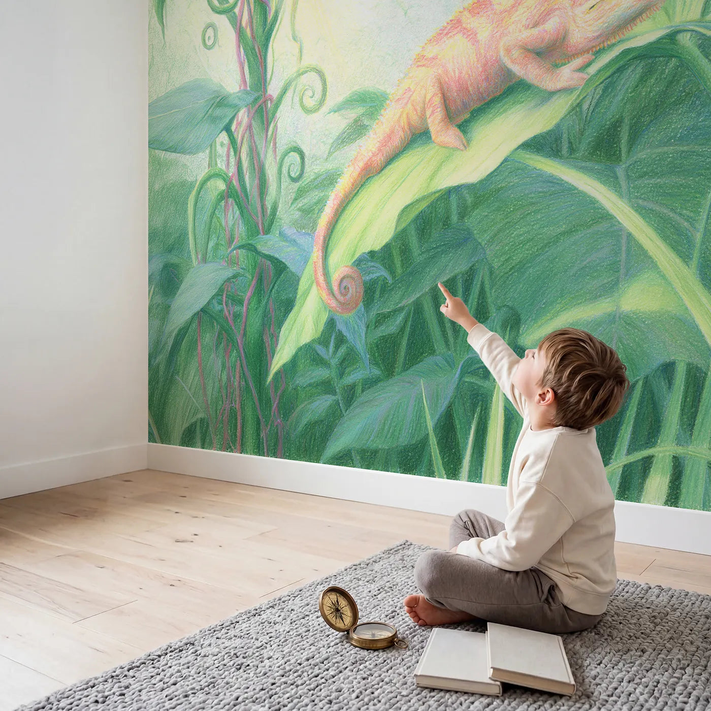 Child in nursery with Chameleon on a Leaf Wallpaper Mural by Whimsy Tots