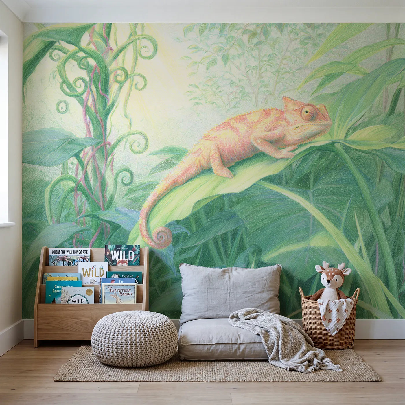 Chameleon on a Leaf Wallpaper Mural in playroom setting by Whimsy Tots