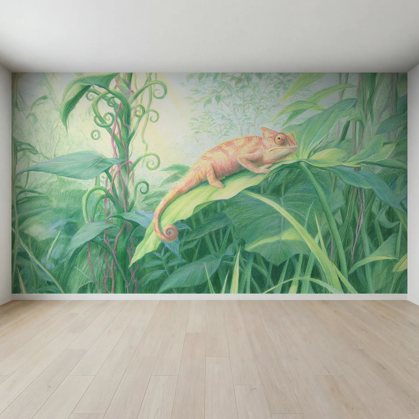 Full view of Chameleon on a Leaf Wallpaper Mural by Whimsy Tots