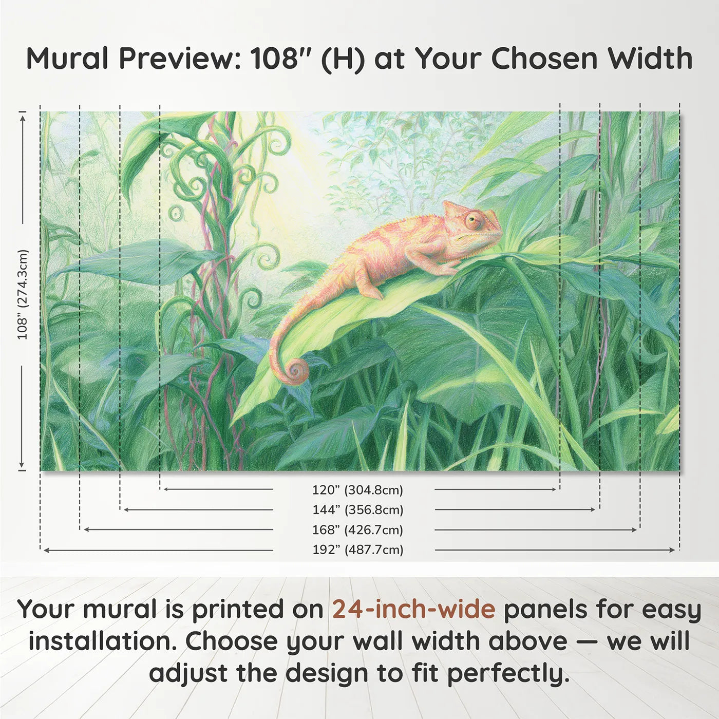 Panel layout and dimensions for Chameleon on a Leaf Wallpaper Mural by Whimsy Tots