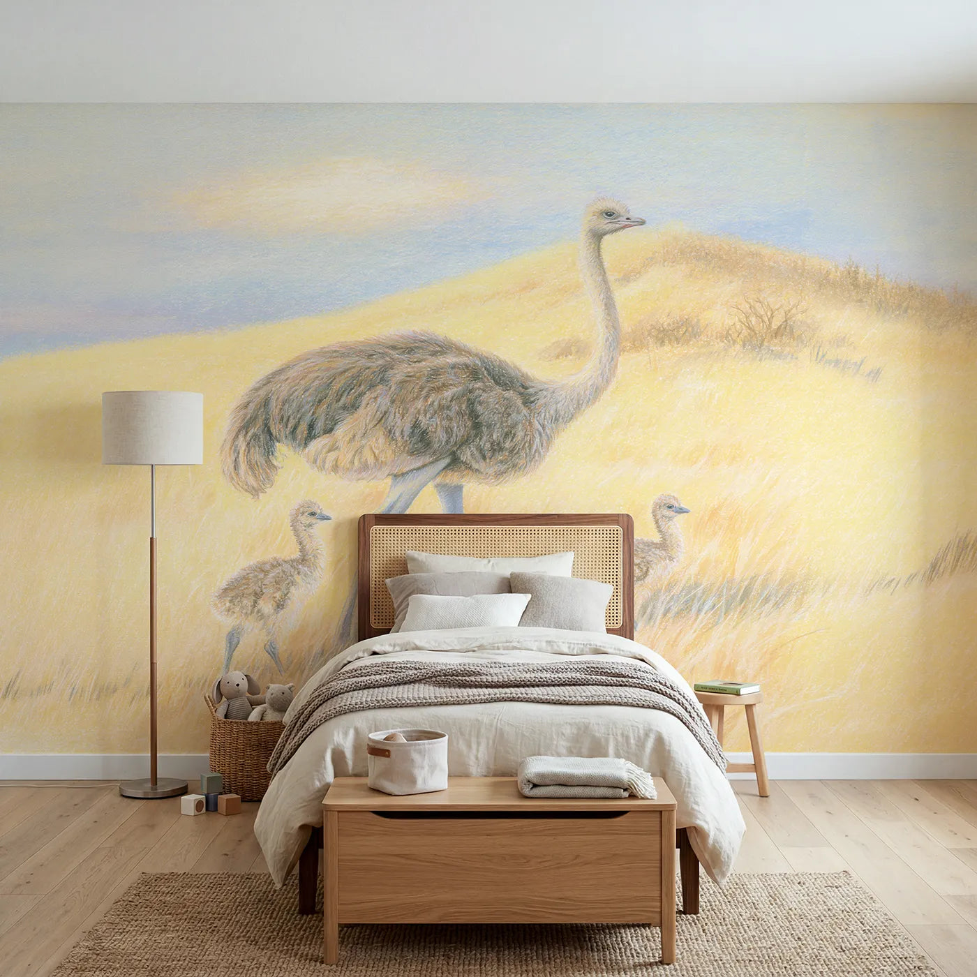 Colored-pencil wall mural of an ostrich and her chicks by Whimsy Tots