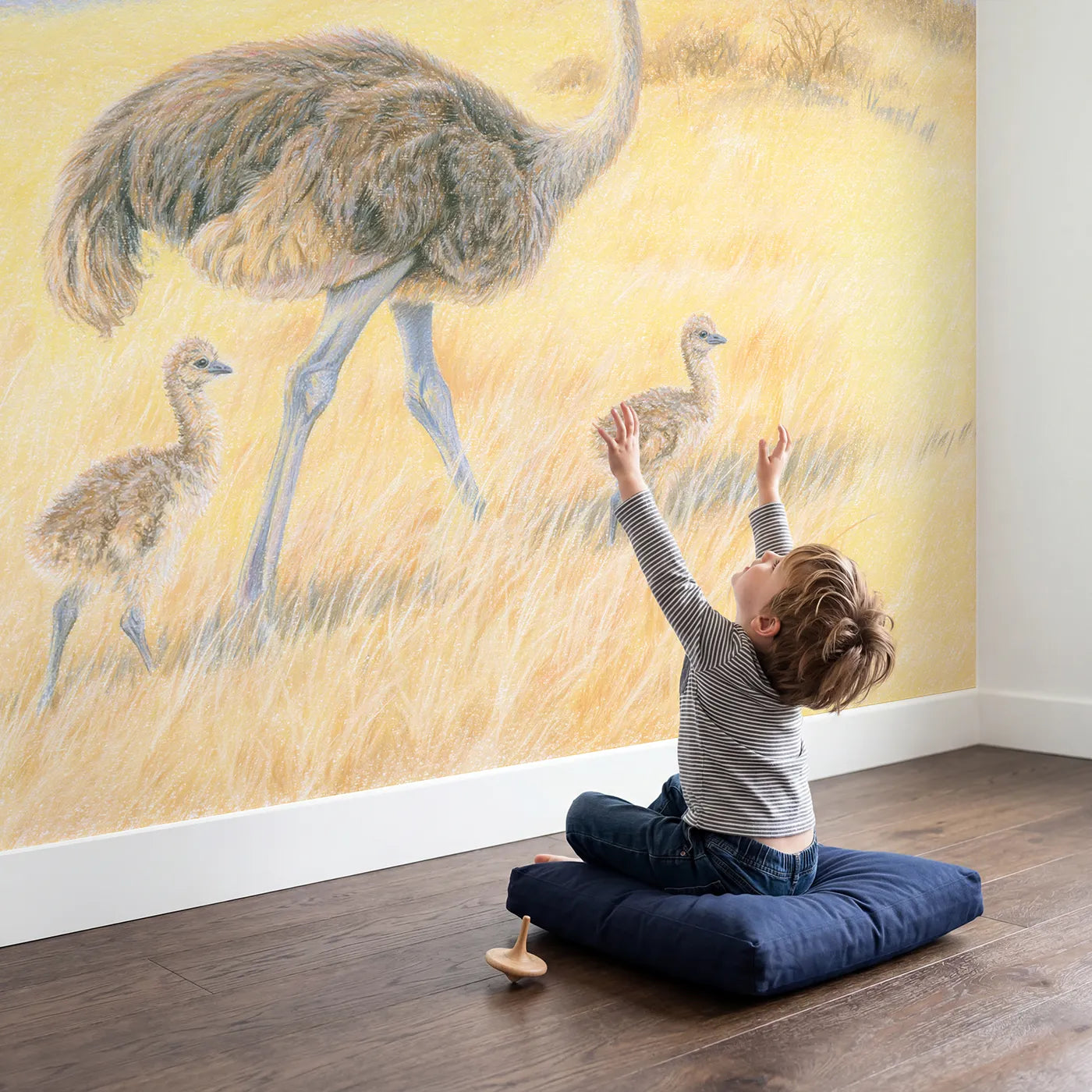Child in nursery with Ostrich and Chicks Wallpaper Mural by Whimsy Tots