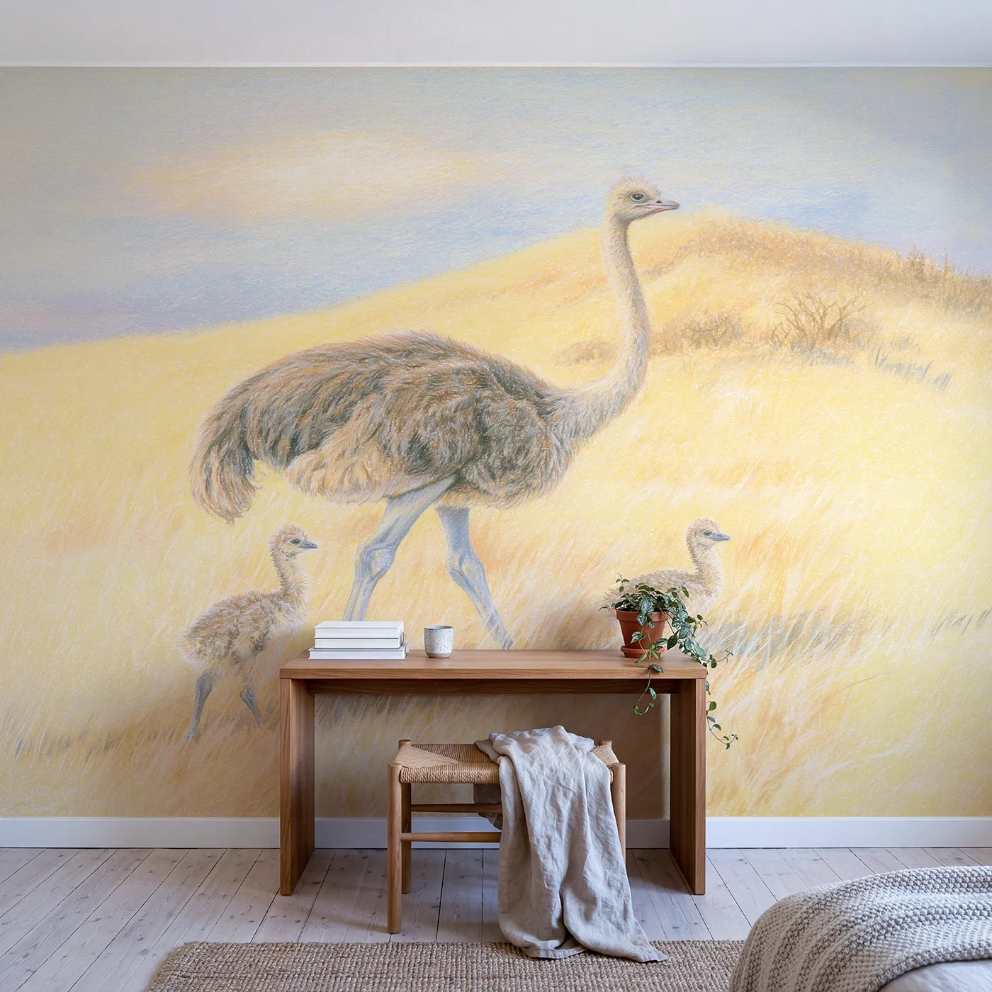 Ostrich and Chicks Wallpaper Mural in playroom setting by Whimsy Tots