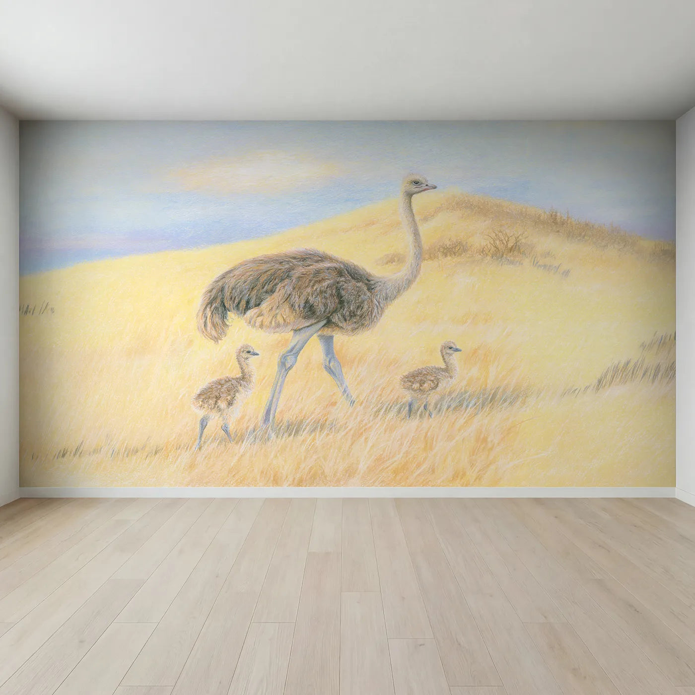 Full view of Ostrich and Chicks Wallpaper Mural by Whimsy Tots