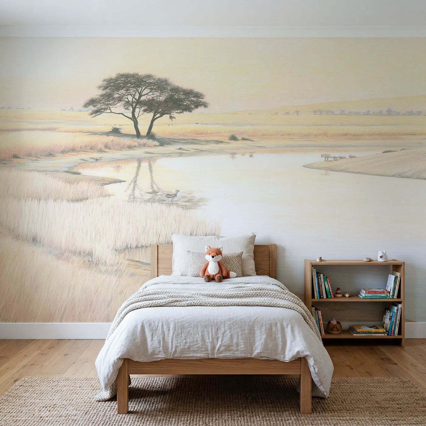 Colored-pencil wall mural of a quiet watering hole by Whimsy Tots