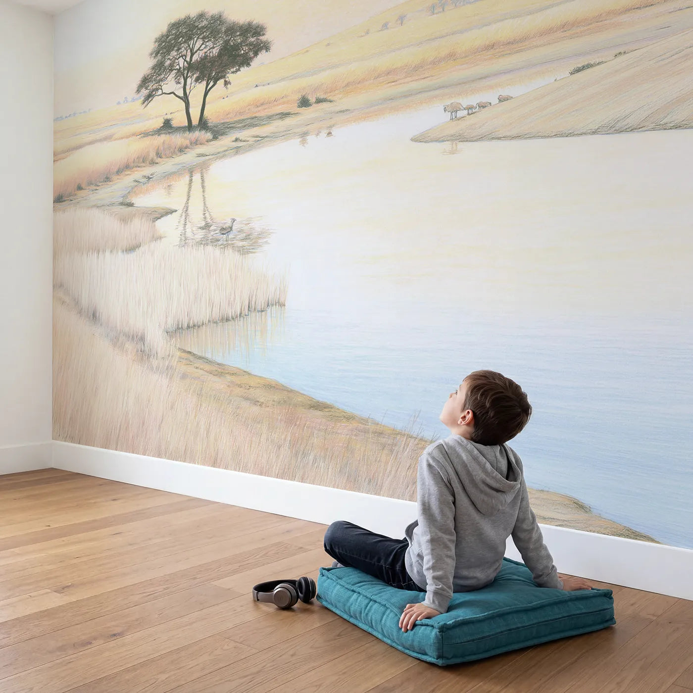 Child in nursery with Quiet Watering Hole Wallpaper Mural by Whimsy Tots