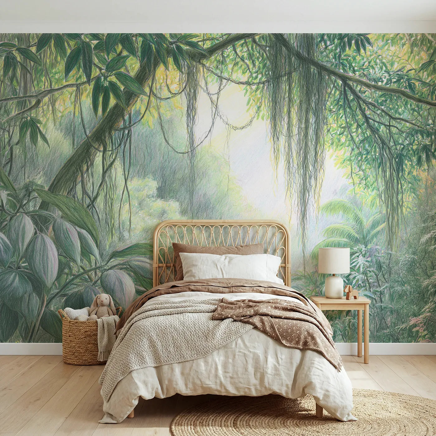 Colored-pencil wall mural of a lush jungle canopy by Whimsy Tots