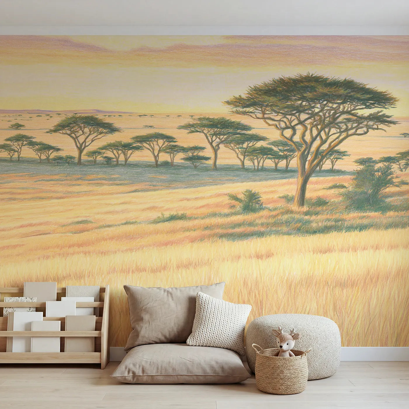 Colored-pencil wall mural of an acacia grassland sunrise by Whimsy Tots