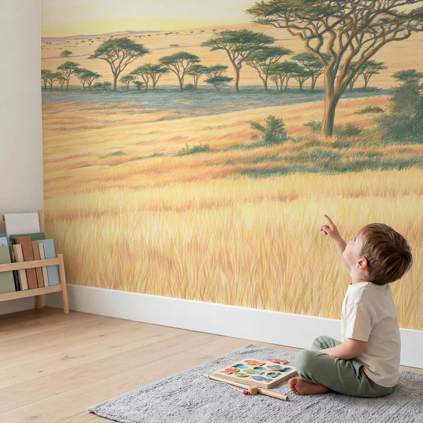 Child in nursery with Acacia Grassland at Sunrise Wallpaper Mural by Whimsy Tots