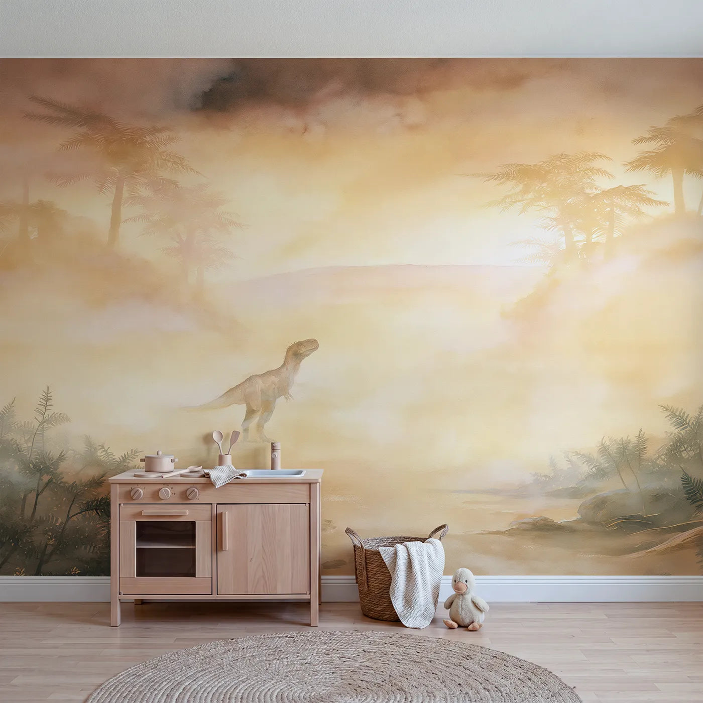 Watercolor wall mural of a calm tyrannosaurus at dawn by Whimsy Tots