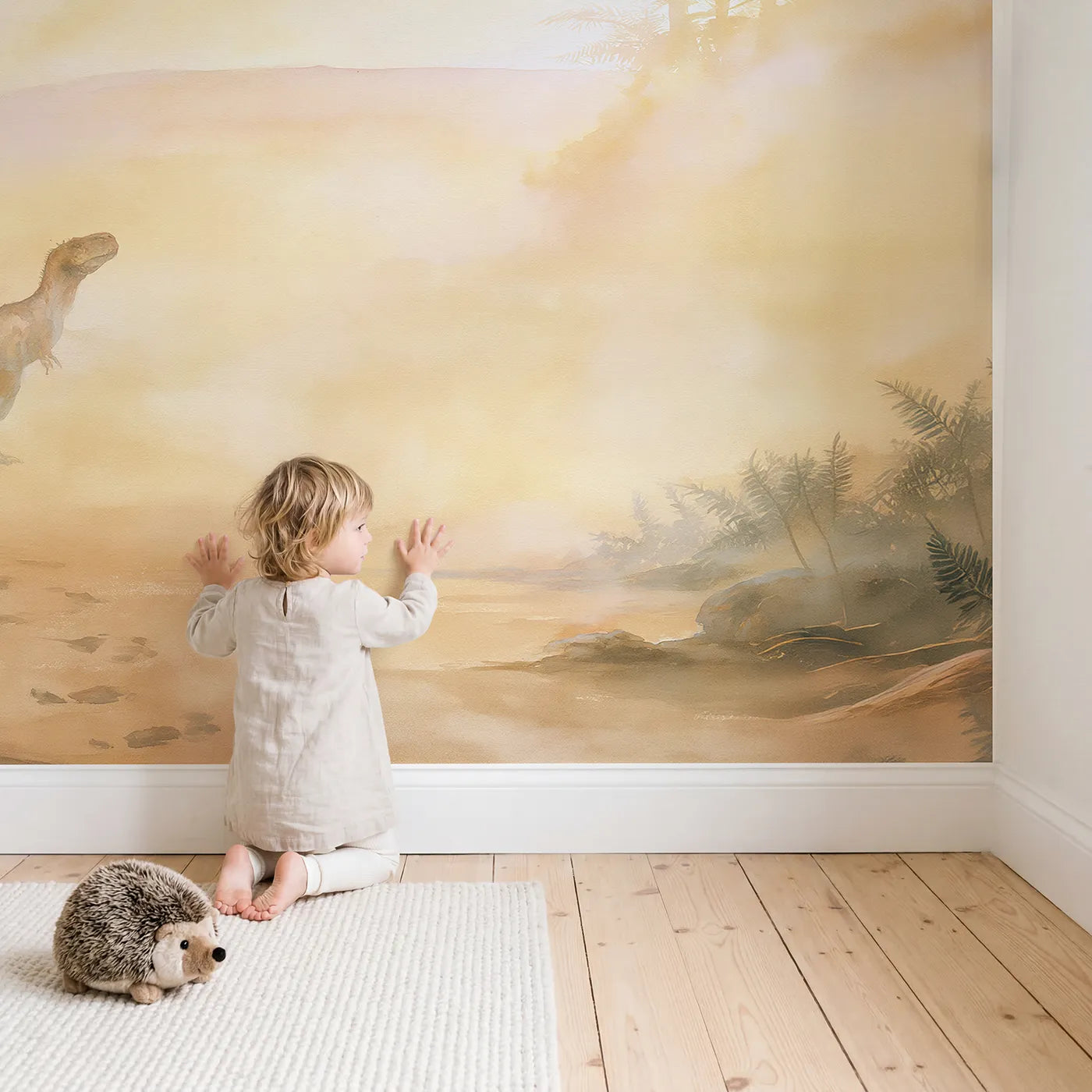 Child in nursery with Rex Misty Dawn Wallpaper Mural by Whimsy Tots