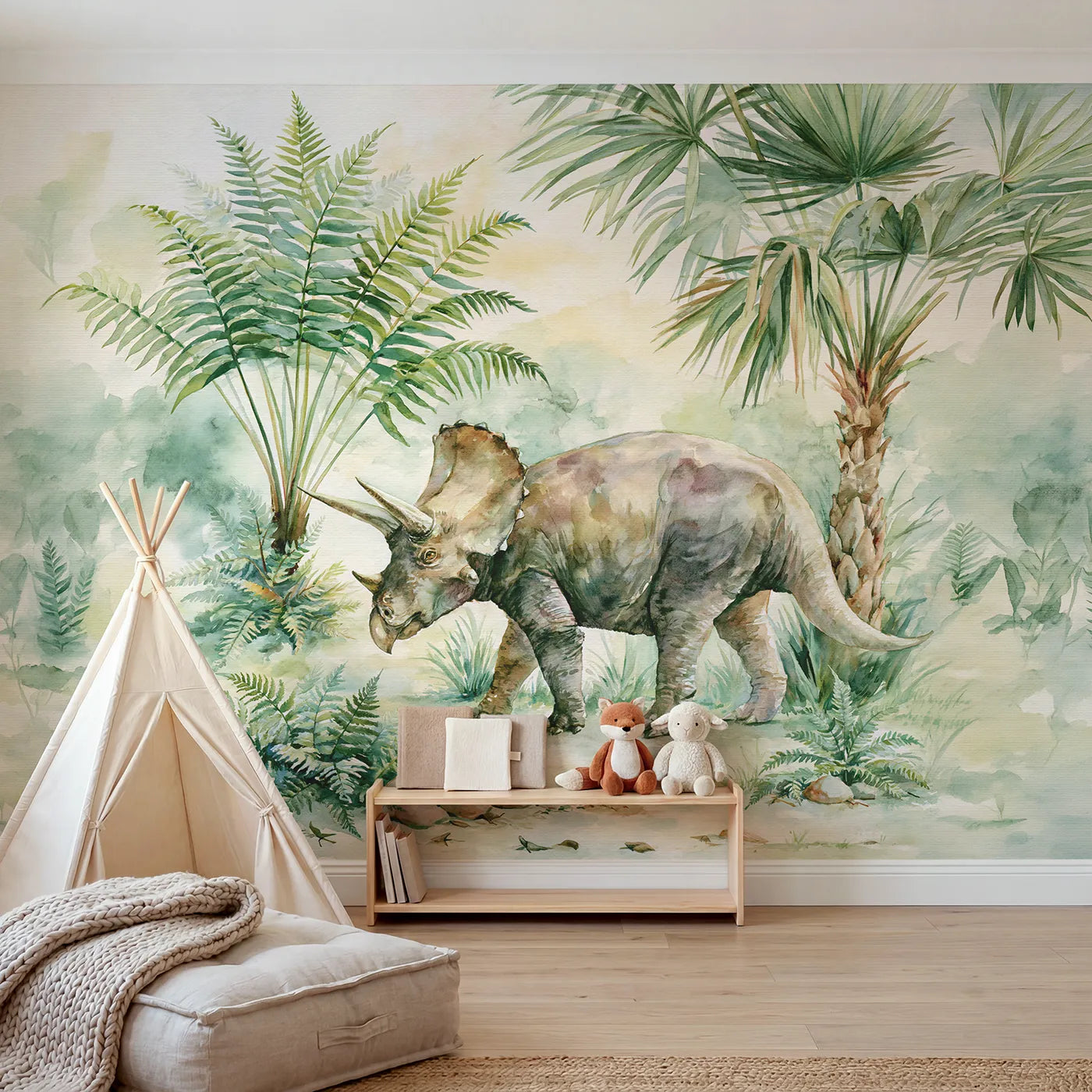 Watercolor wall mural of a triceratops in profile by Whimsy Tots