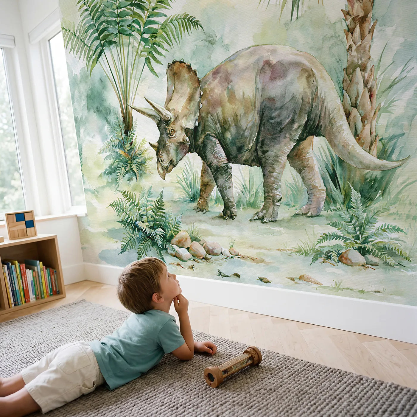 Child in nursery with Triceratops Profile Study Wallpaper Mural by Whimsy Tots
