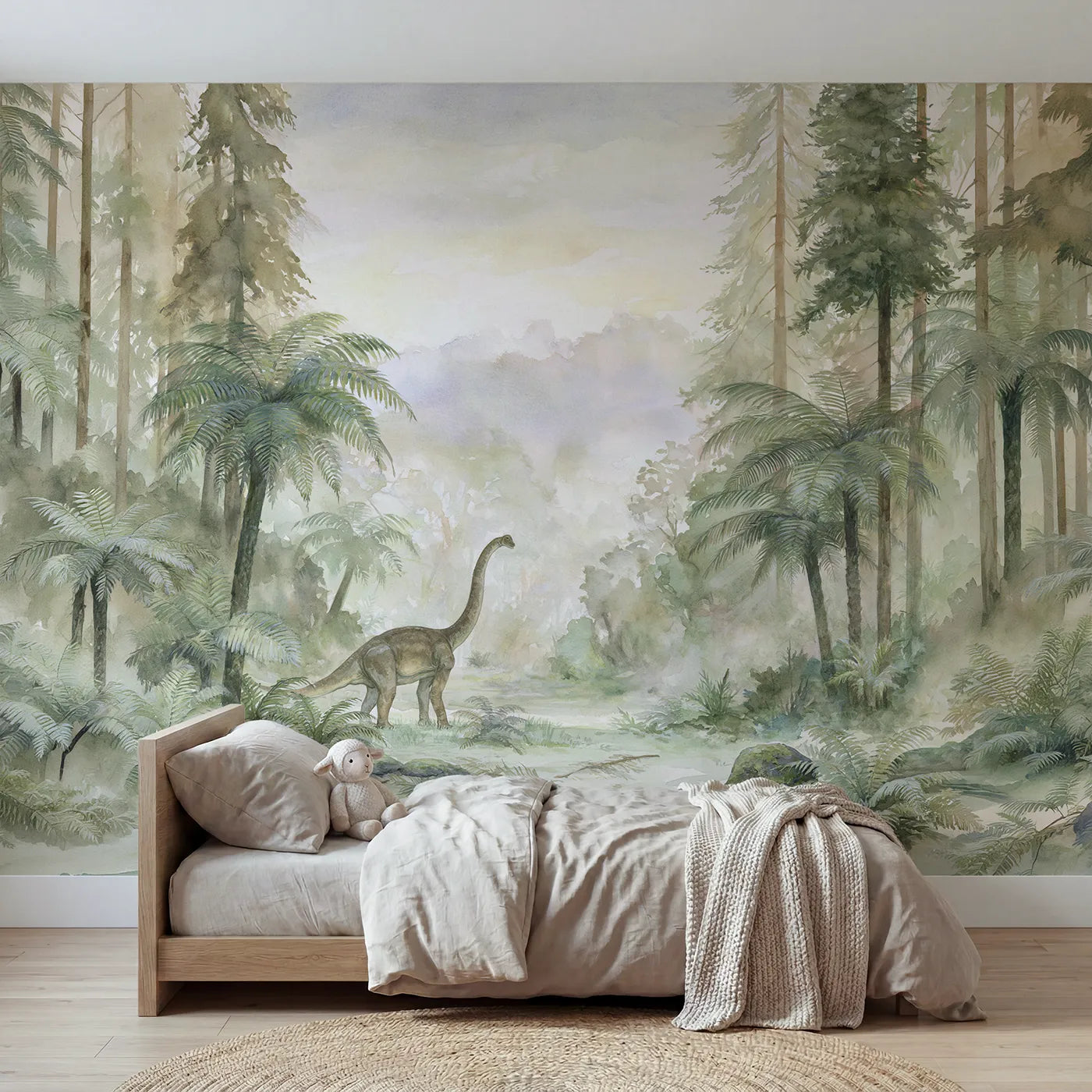 Watercolor wall mural of a brachiosaurus reaching treetops by Whimsy Tots