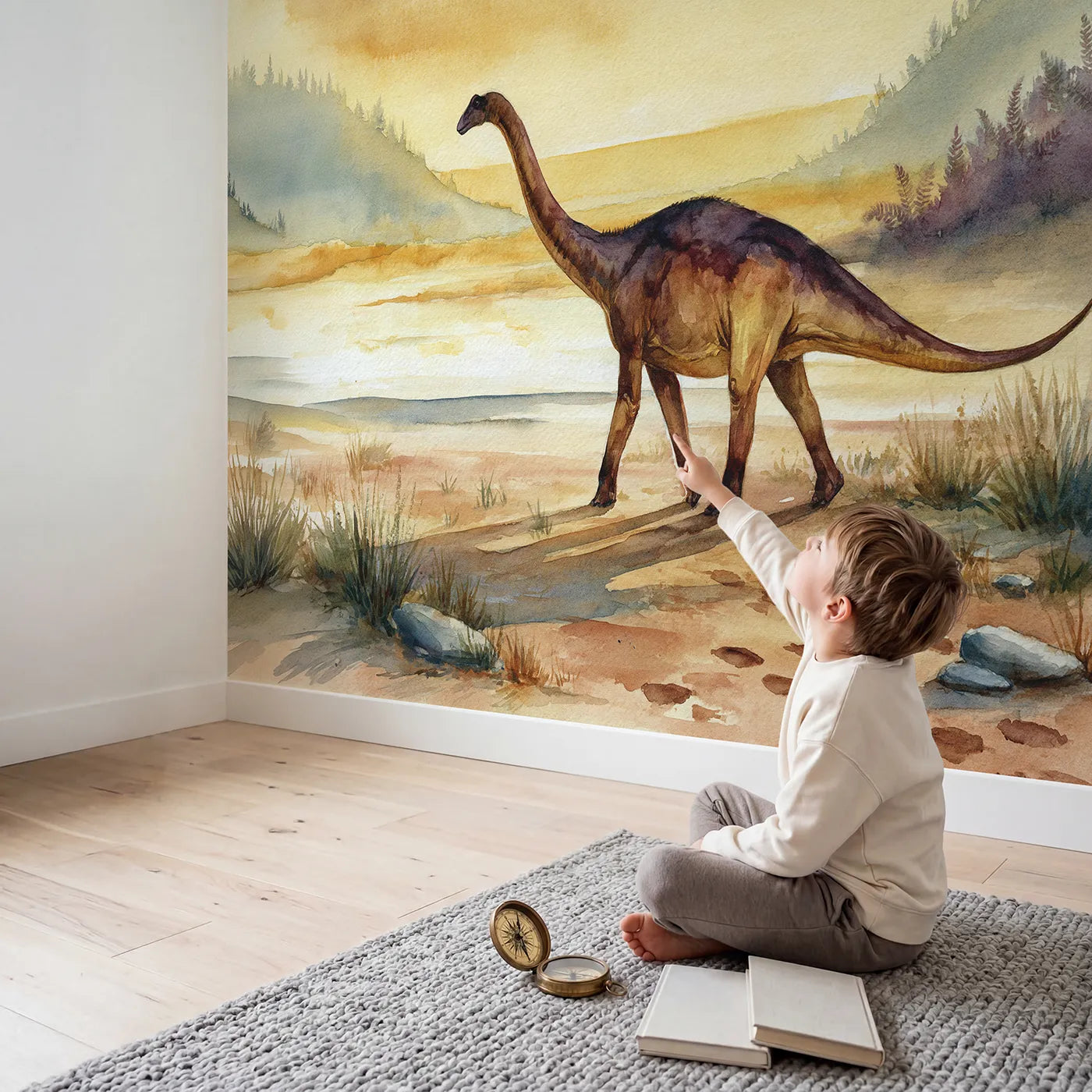 Child in nursery with Diplodocus Long Stroll Wallpaper Mural by Whimsy Tots