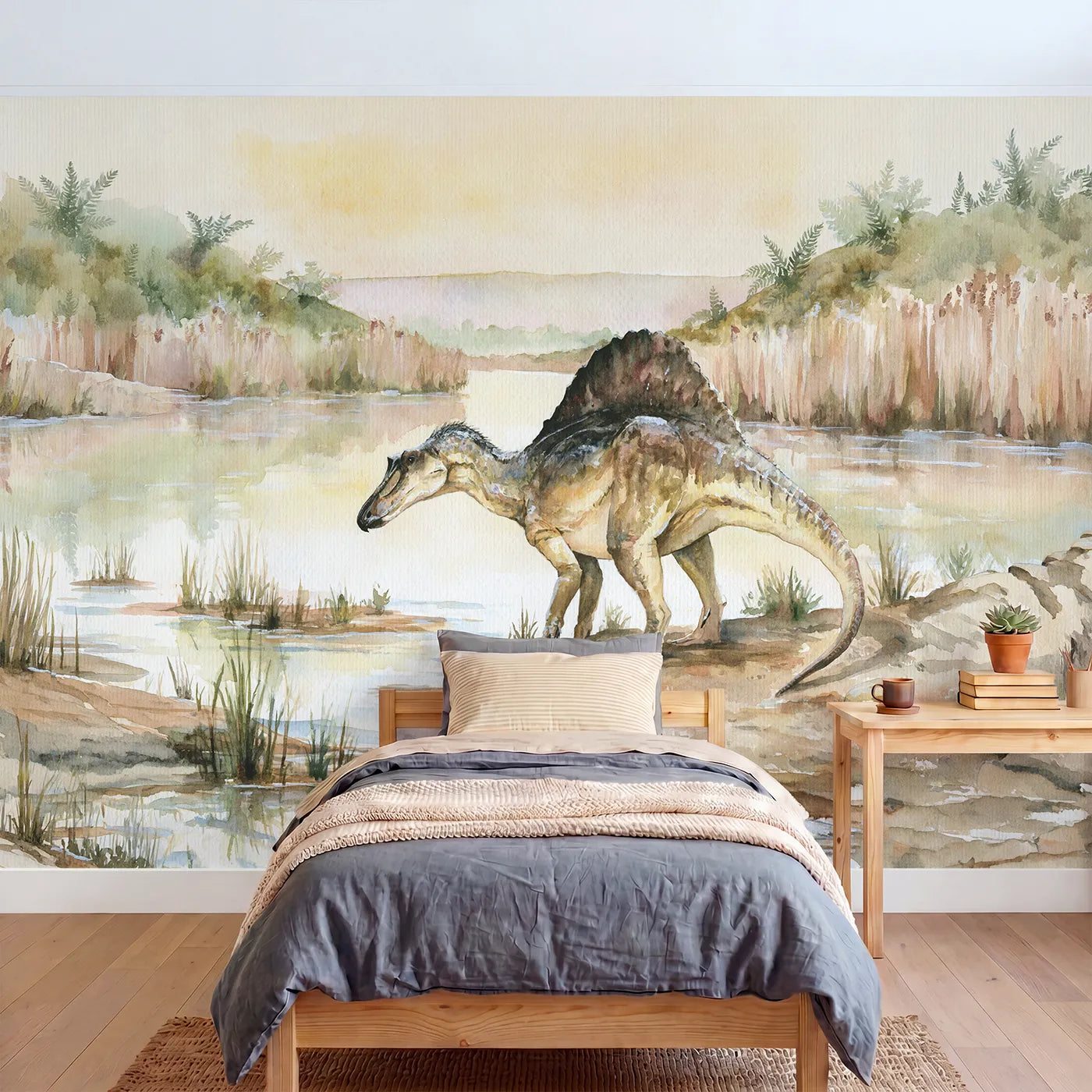 Watercolor wall mural of a spinosaurus with a tall sail by Whimsy Tots