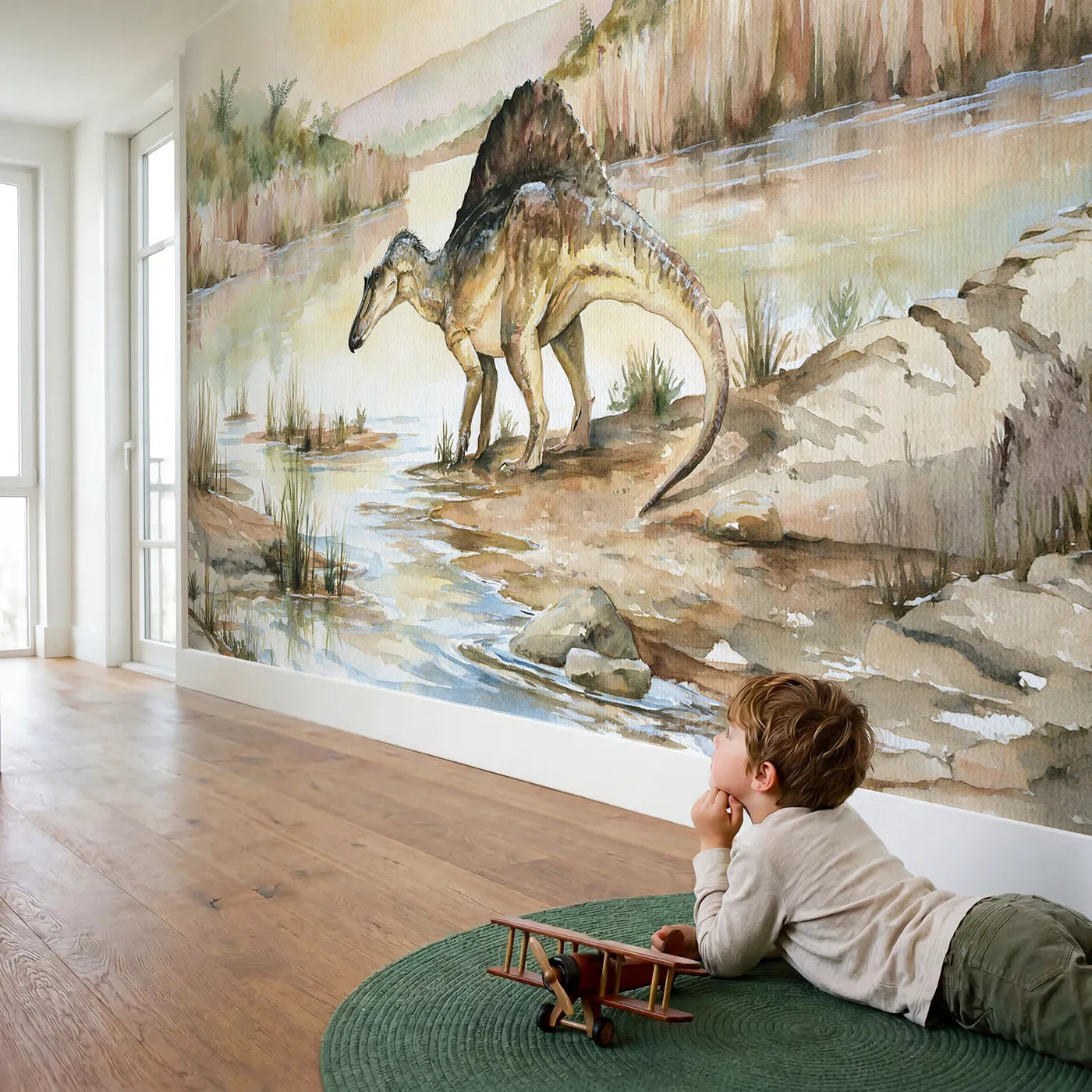 Child in nursery with Spinosaurus Sail Crest Wallpaper Mural by Whimsy Tots