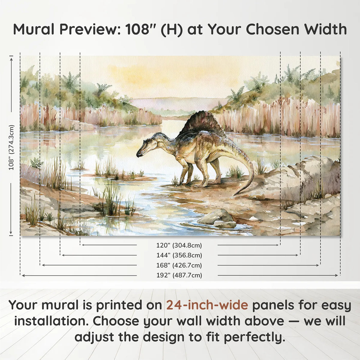Panel layout and dimensions for Spinosaurus Sail Crest Wallpaper Mural by Whimsy Tots