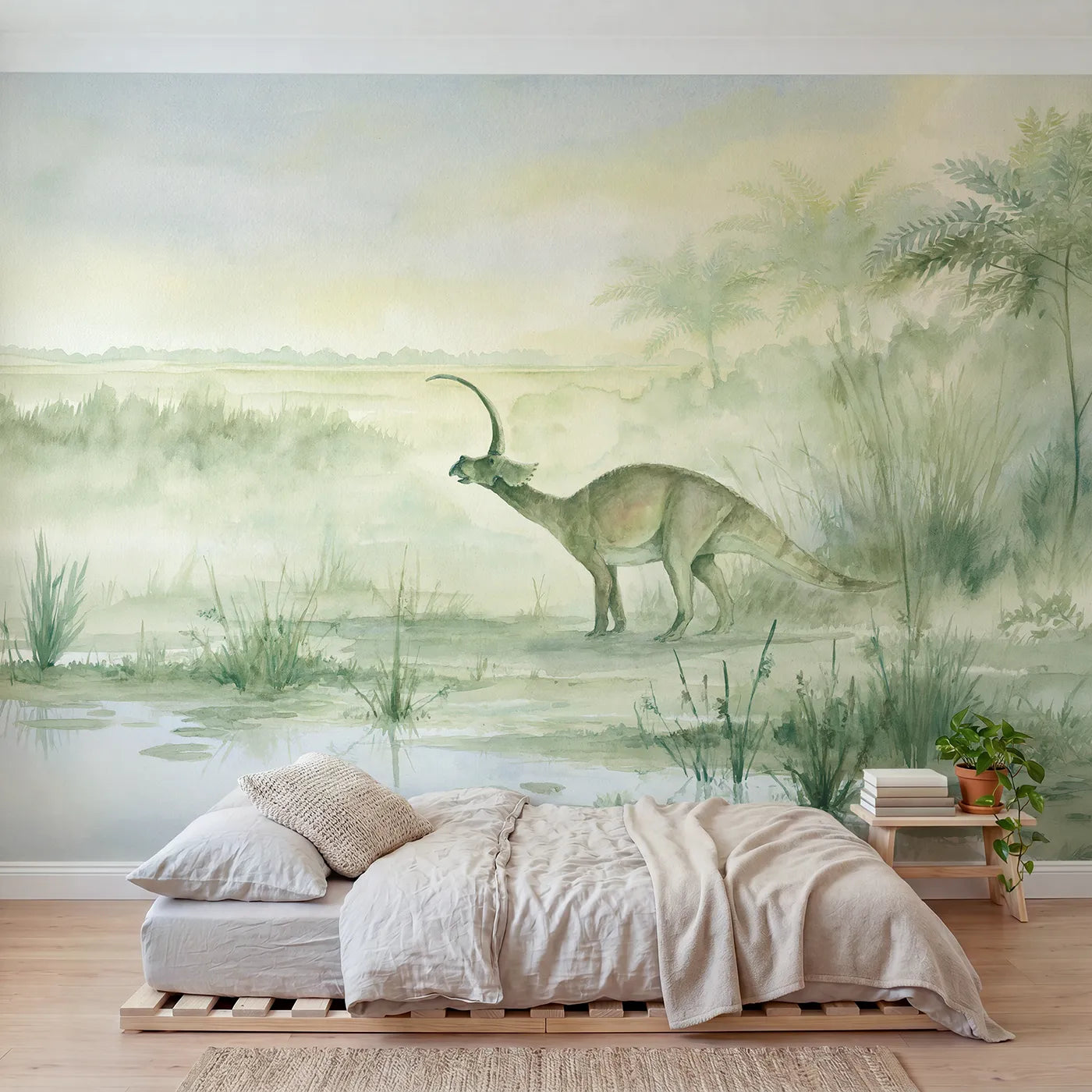 Watercolor wall mural of a parasaurolophus in marsh mist by Whimsy Tots