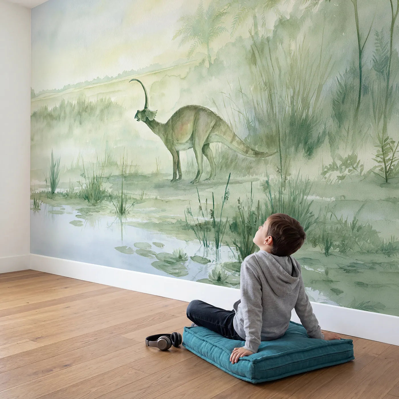 Child in nursery with Parasaurolophus Crested Call Wallpaper Mural by Whimsy Tots