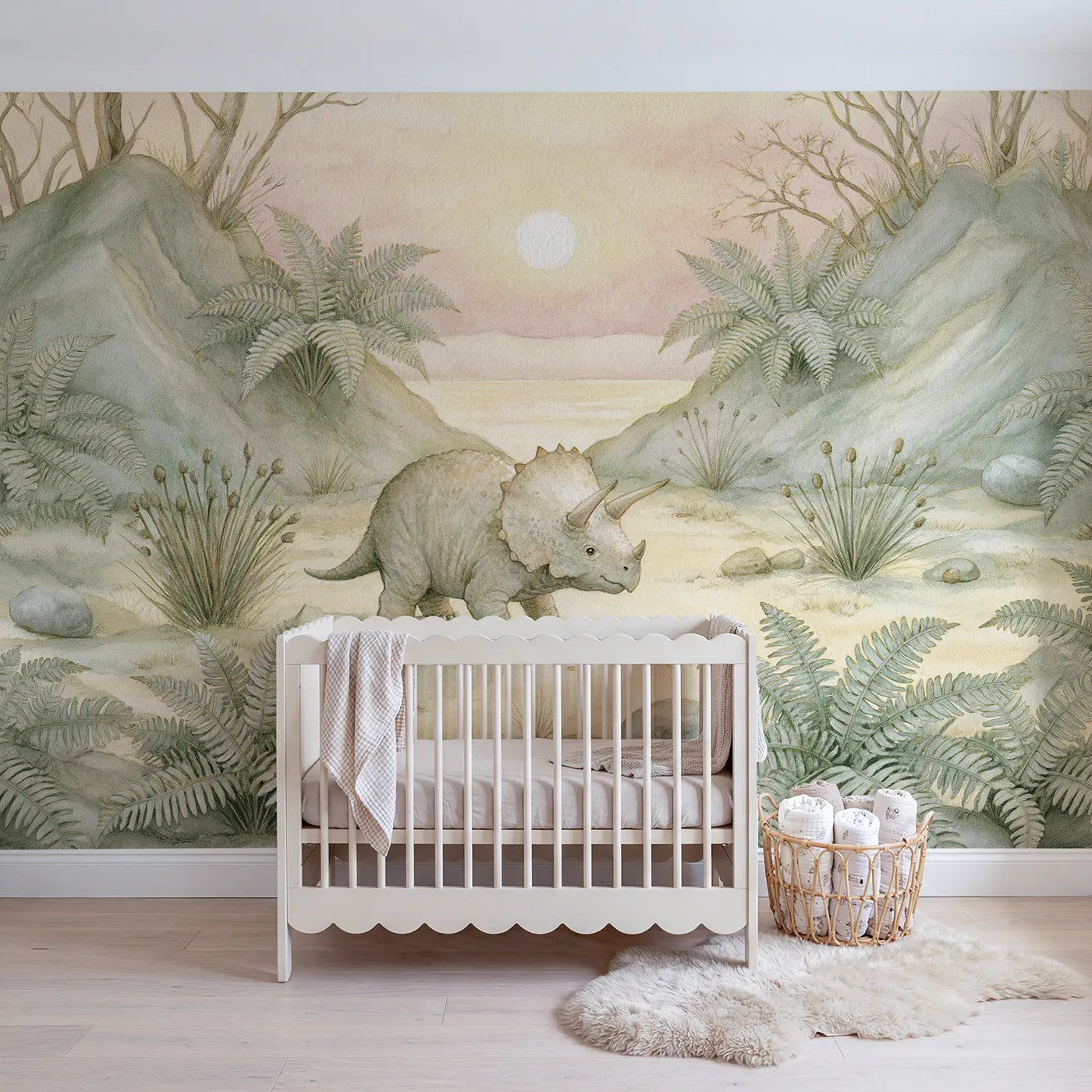 Storybook wall mural of a round baby triceratops by Whimsy Tots