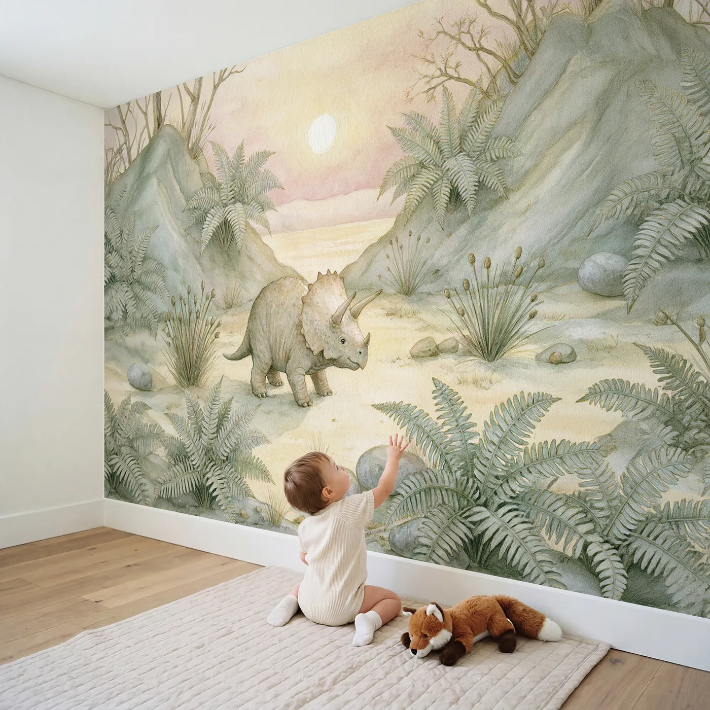 Child in nursery with Triceratops Gentle Giant Wallpaper Mural by Whimsy Tots