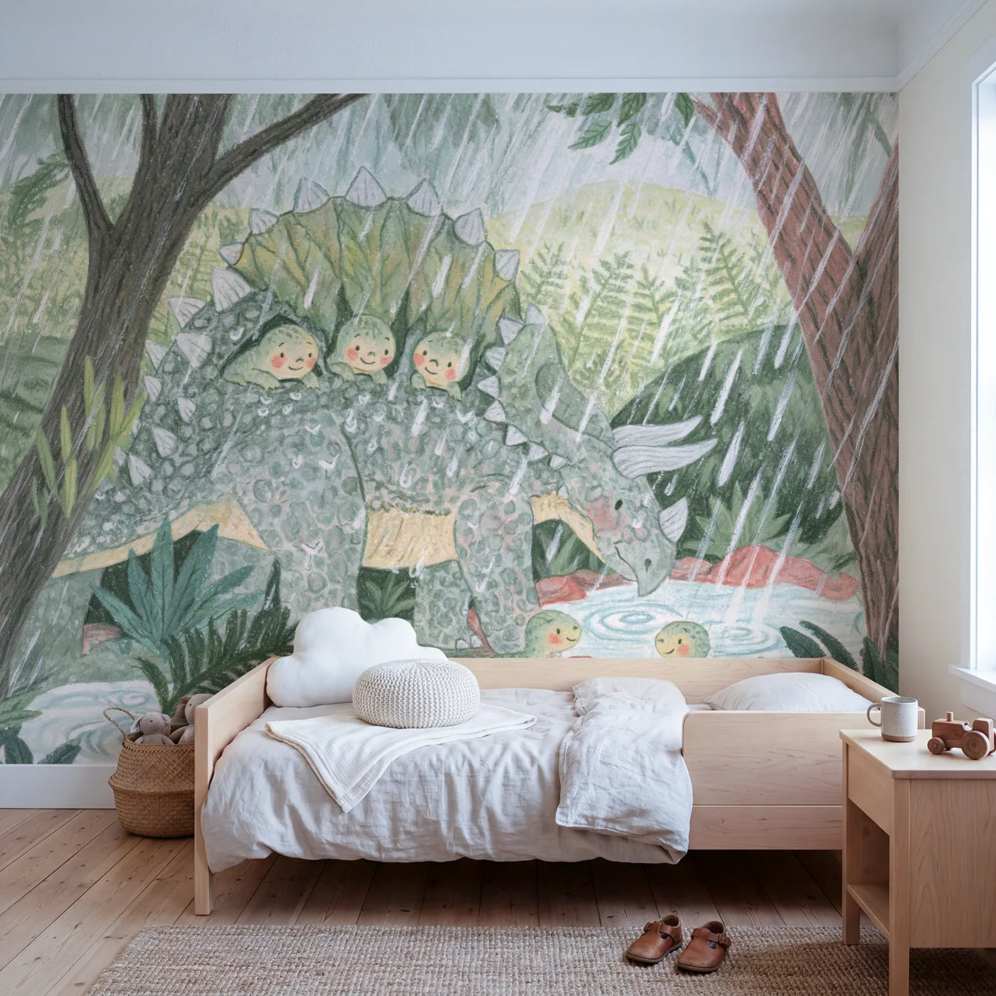 Colored Pencil stegosaurus sheltering small dinosaurs, wall mural for a toddler room by Whimsy Tots