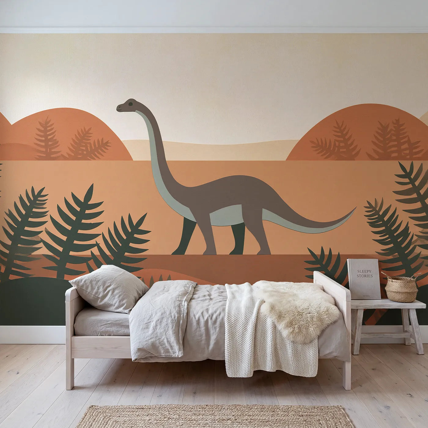 Gouache wall mural of a folk diplodocus curve by Whimsy Tots