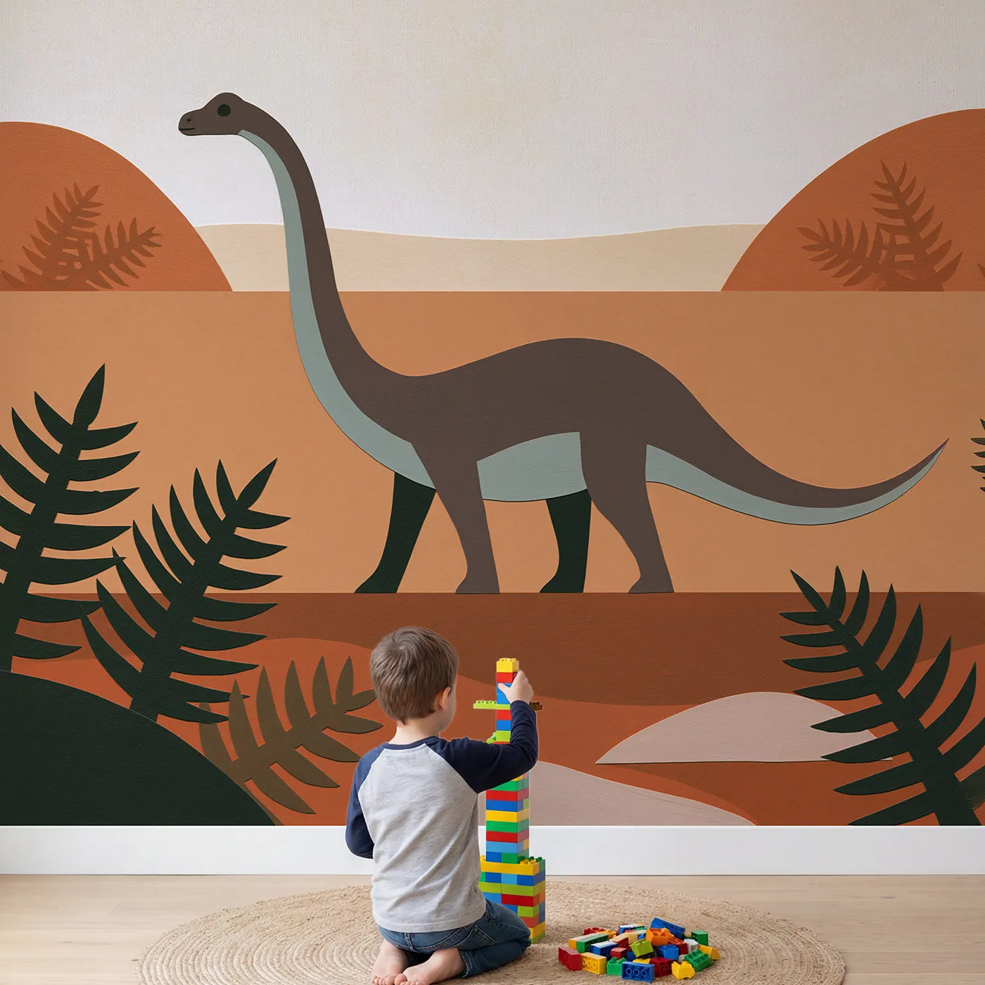 Child in nursery with Diplodocus Folk Shape Wallpaper Mural by Whimsy Tots