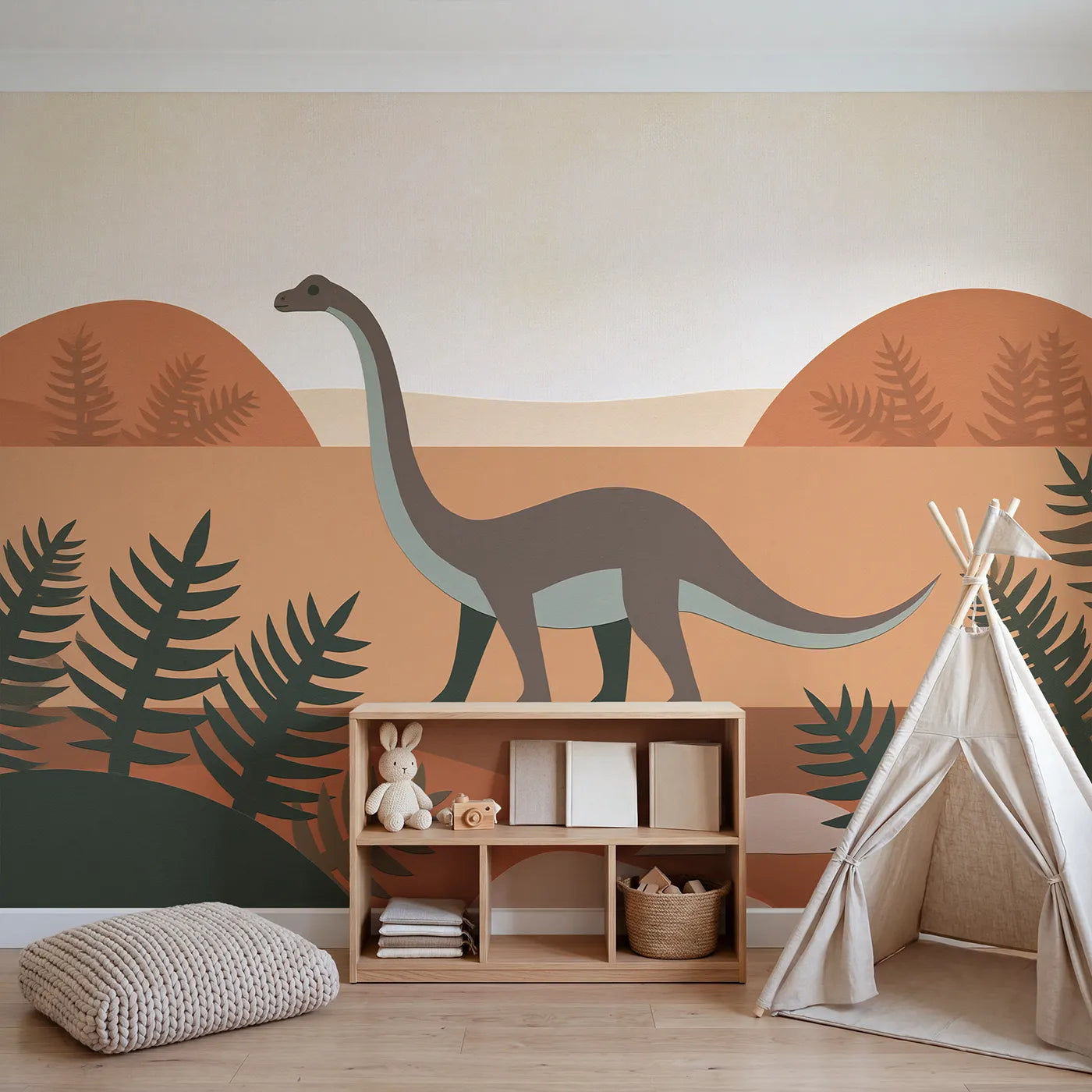Diplodocus Folk Shape Wallpaper Mural in playroom setting by Whimsy Tots