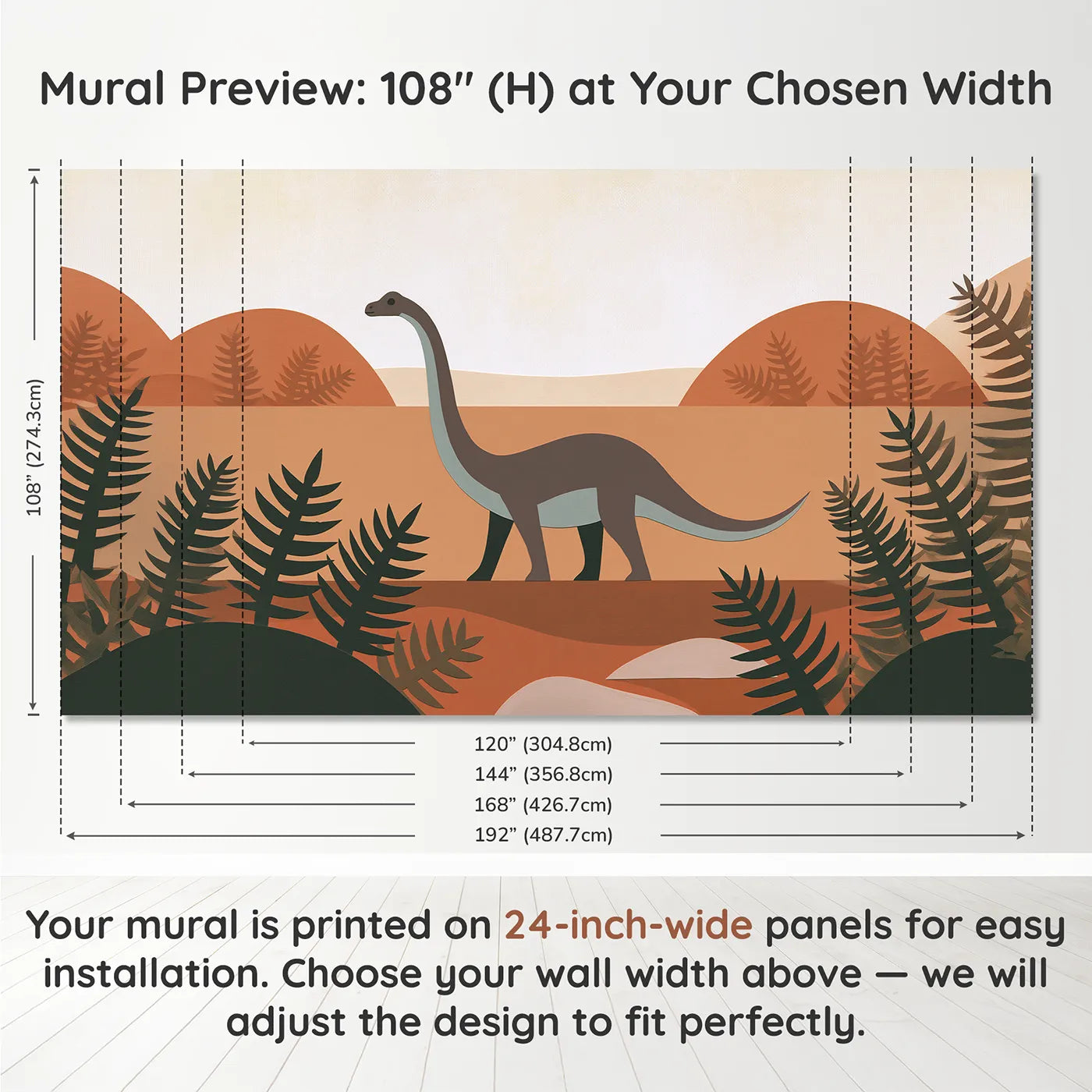 Panel layout and dimensions for Diplodocus Folk Shape Wallpaper Mural by Whimsy Tots