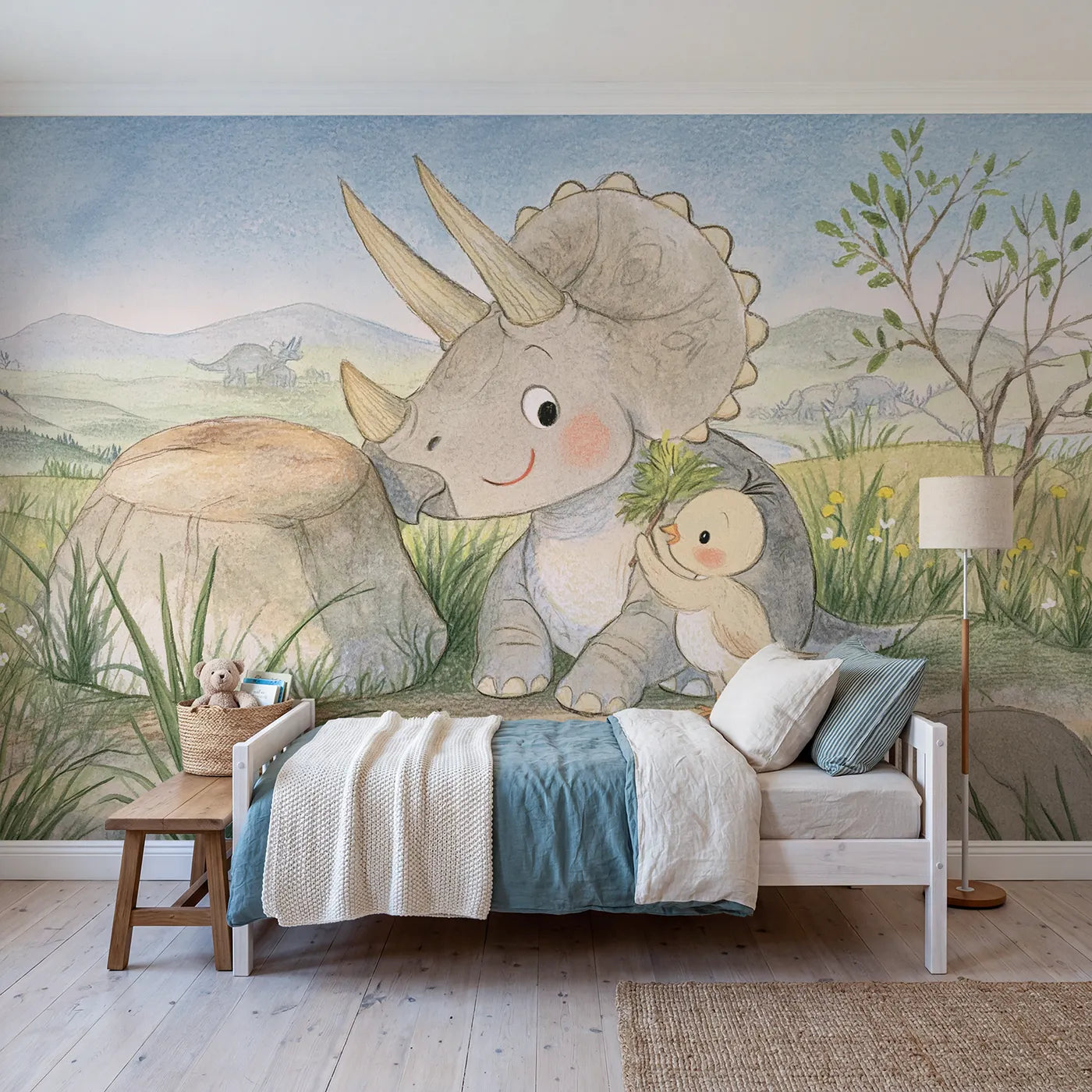 Colored Pencil triceratops polishing horns on a boulder, wall mural for a bedroom by Whimsy Tots