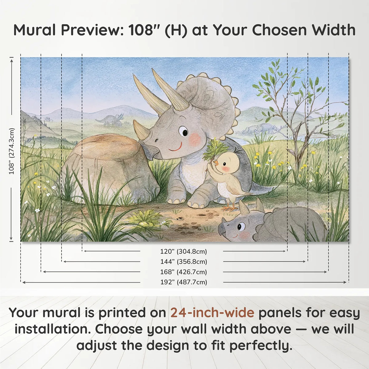 Panel layout and dimensions for The Horn Polish Wallpaper Mural by Whimsy Tots