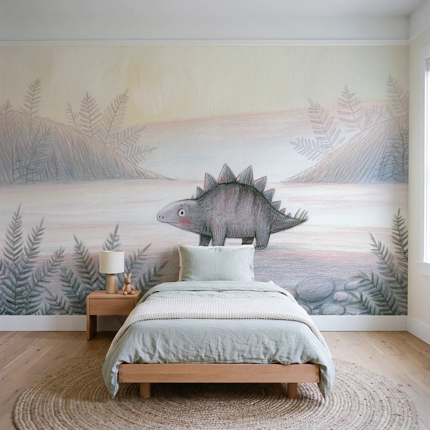 Colored-pencil wall mural of a soft sketched stegosaurus by Whimsy Tots