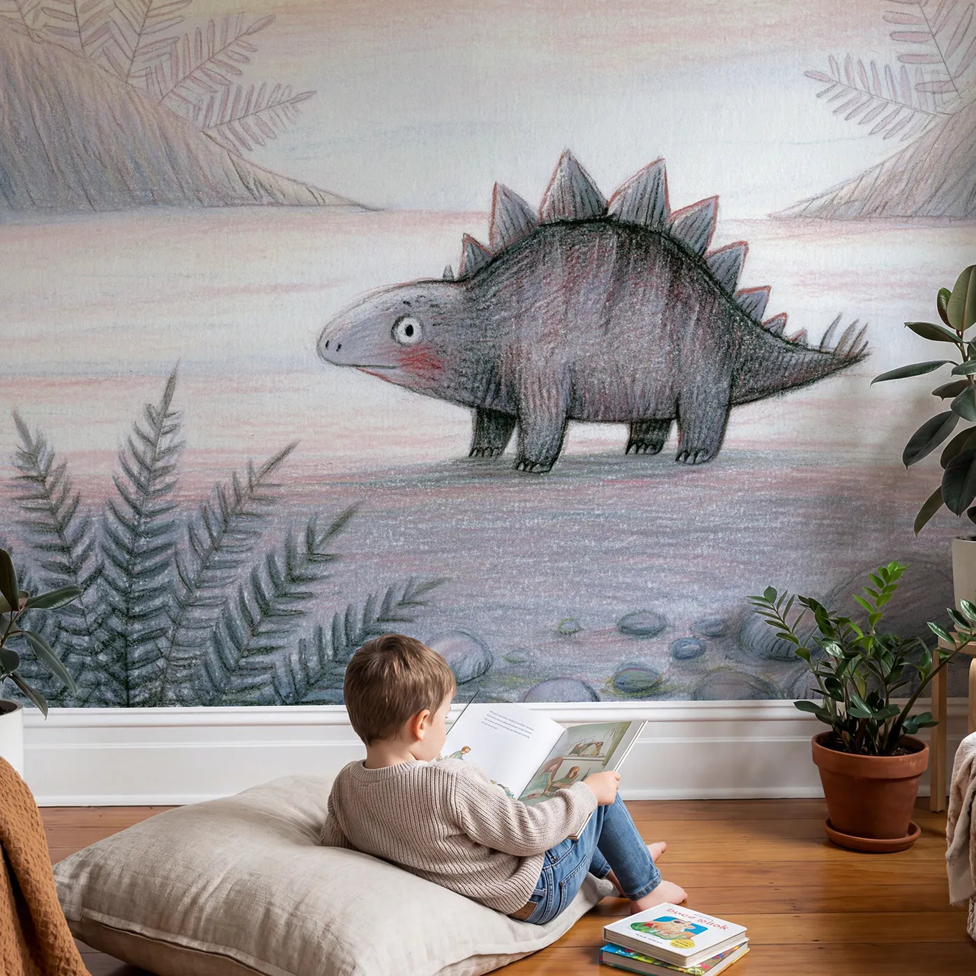 Child in nursery with Stegosaurus Soft Sketch Wallpaper Mural by Whimsy Tots