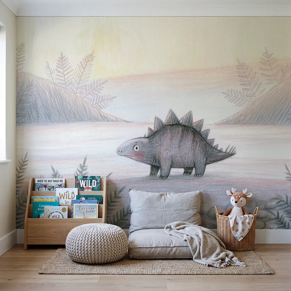Stegosaurus Soft Sketch Wallpaper Mural in playroom setting by Whimsy Tots