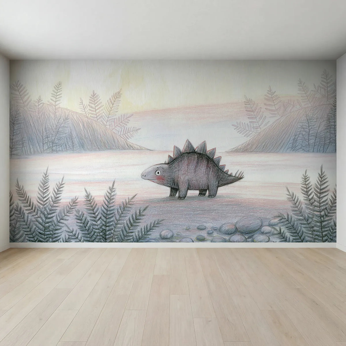 Full view of Stegosaurus Soft Sketch Wallpaper Mural by Whimsy Tots