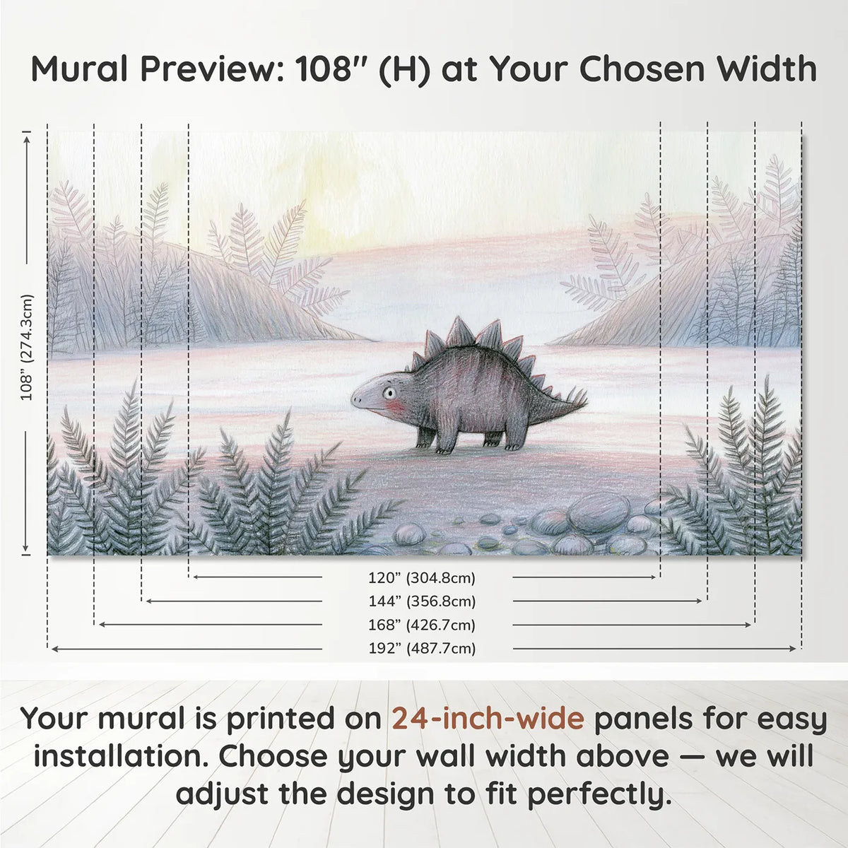 Panel layout and dimensions for Stegosaurus Soft Sketch Wallpaper Mural by Whimsy Tots