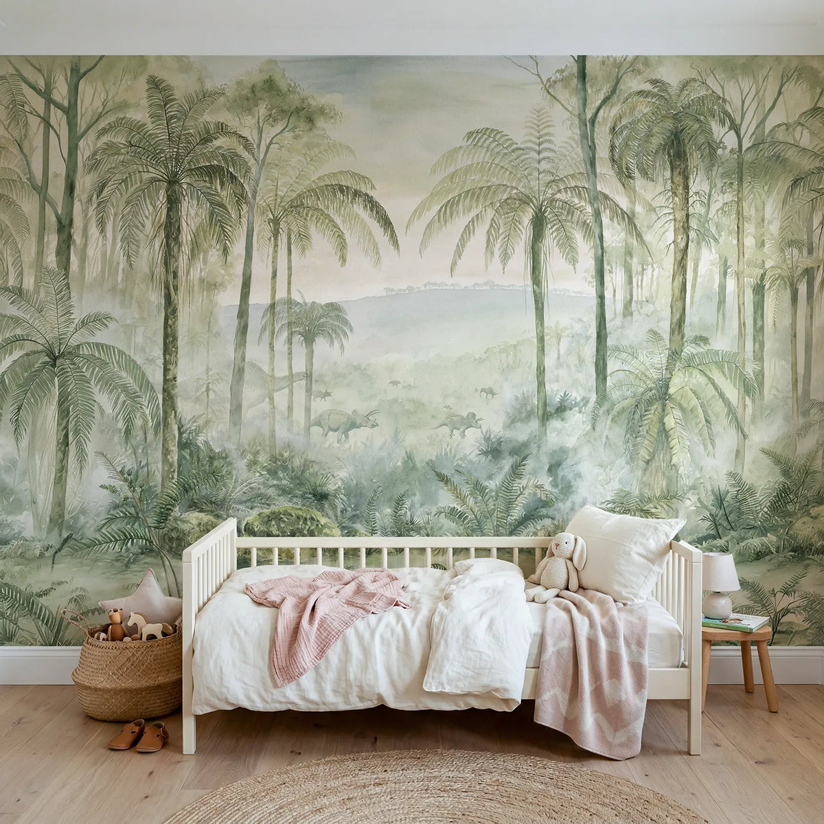 Watercolor wall mural of a misty prehistoric fern valley by Whimsy Tots