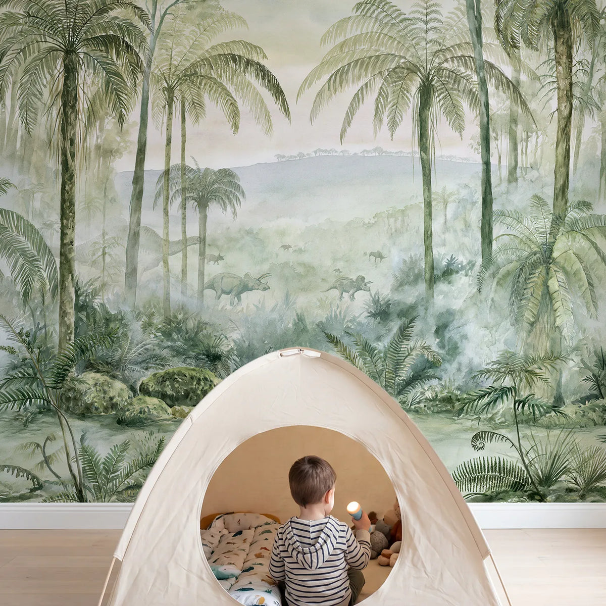 Child in nursery with Fern Valley Dawn Wallpaper Mural by Whimsy Tots