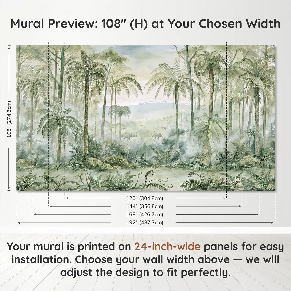 Panel layout and dimensions for Fern Valley Dawn Wallpaper Mural by Whimsy Tots